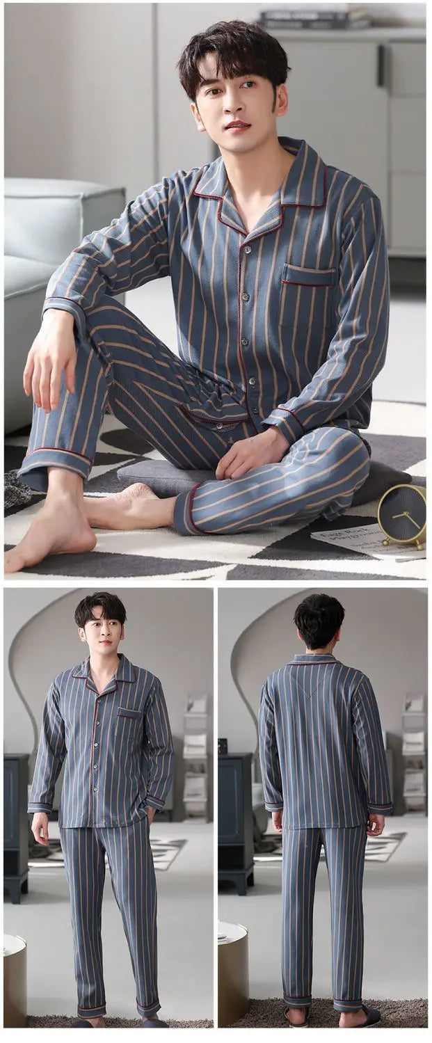 100% Cotton Men's Fall and Winter Long-Sleeved Long Pants Middle-Aged Thin Section of Pajamas Sleepwear Homewear Suit Loungewear