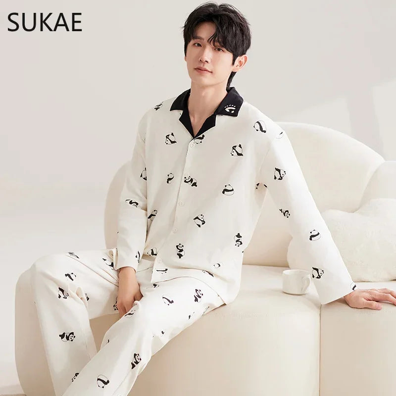 SUKAE Casual Mens Pijama Faux Cotton Soft Nightwear Autumn Spring Homesuit Gentleman Turn-down Collar Sleepwear Boys Pajamas