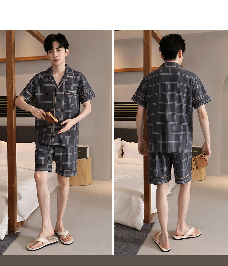 SUKAE Plaid Pyjamas Men Cardigan Lapeled Gentleman's Home Wear Summer Shorts Cotton Lounge Wear Plus Size L-5XL Pyjama Sleepwear