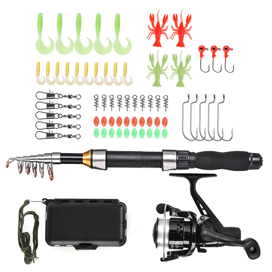 Fishing Rod Reel Combo Full Kit 1.5m Telescopic Fishing Rod Spinning Reel Set with Hooks Soft Lures Barrel Swivels Storage Bag