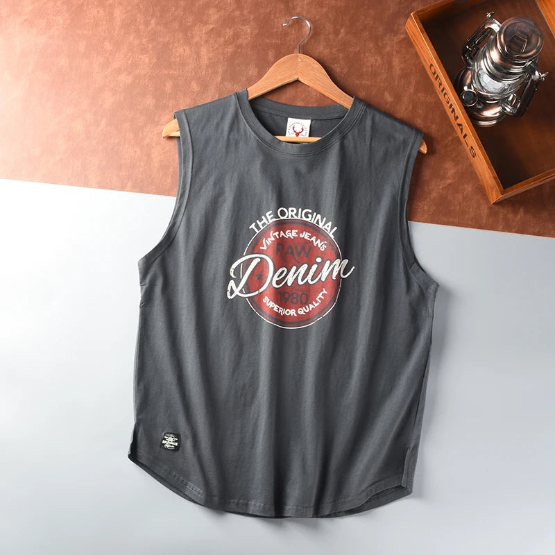 Summer New American Retro Sleeveless O-neck Letter Printed T-shirt Men's Fashion 100% Cotton Washed Old Casual Sports Vest Tops