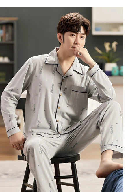 L-5XL Plus Size Faux Cotton Print Men's Pajamas Korean Ins Autumn Y2k Male Nightwear 2024 New Big Size Long Sleeve+pant Home Set