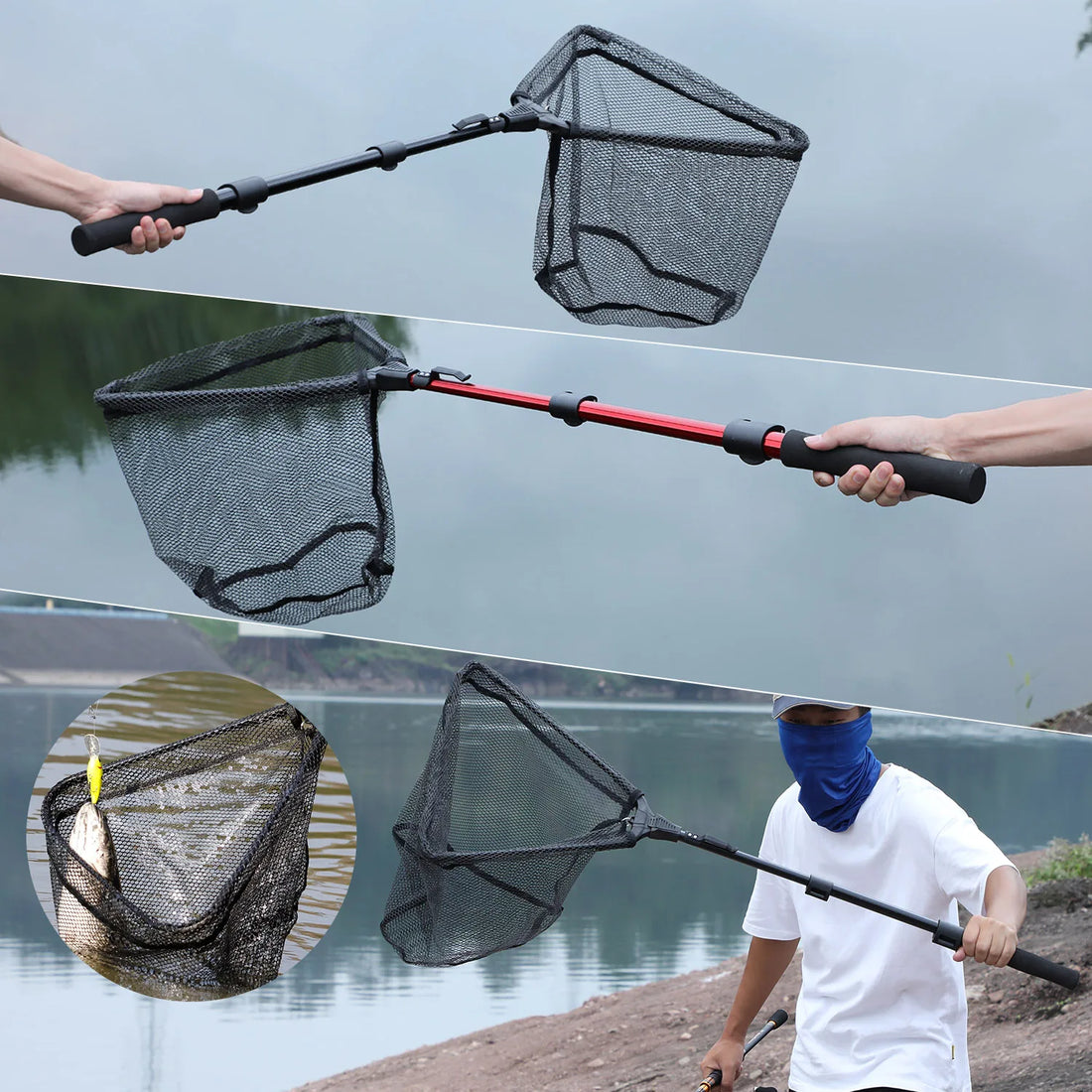 Sougayilang Fishing Tool Net Fishing trackle 75/95/115cm Portable Retractable Folding Fishing Net for Bass Carp Trout Fishing