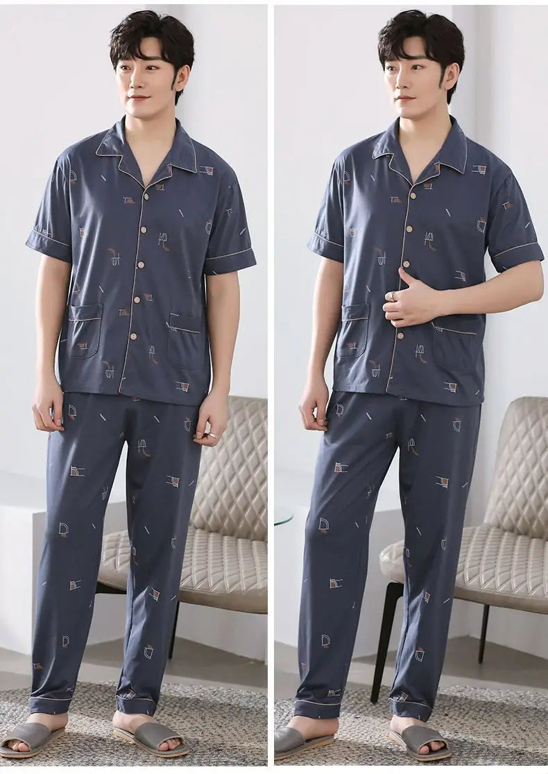 Big Size Cotton Sleepwear Men Short Sleeve Cardigan Trouser Pajama Sets Button Homewear Loungewear Sets Loose Korean Sportswear