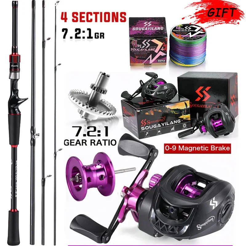 Sougayilang Fishing Rod Reel Combo 1.8~2.1m Carbon Fiber Casting Rod and 7.2:1 Gear Ratio Baitcasting Ree Max Drag 10kg for Bass