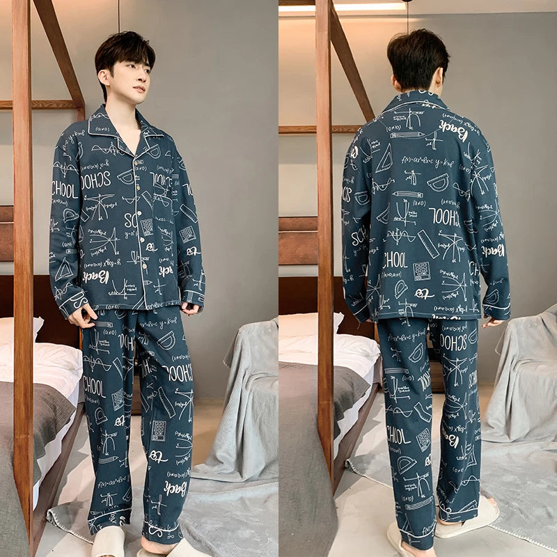 L-5XL Plus Size Faux Cotton Print Men's Pajamas Korean Ins Autumn Y2k Male Nightwear 2024 New Big Size Long Sleeve+pant Home Set