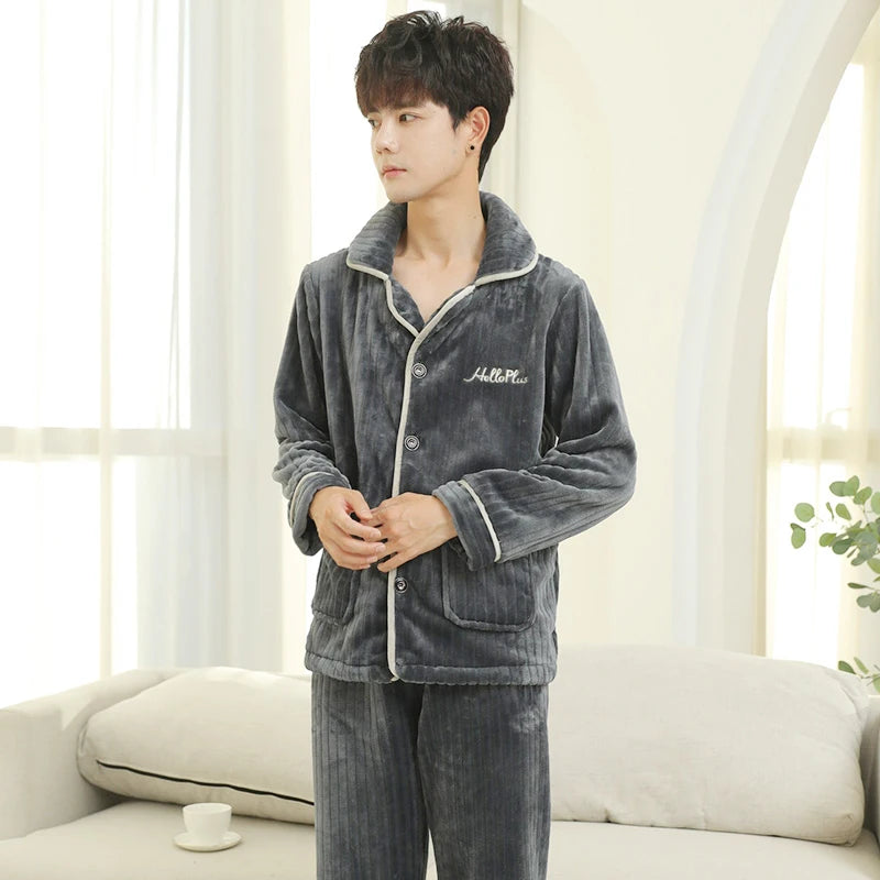 Men's Winter Thicken Flannel Plus Plush Warm Sleepwear 3XL Casual Comfortable High Quality Soft Sriped Pajama Sets Home Clothes