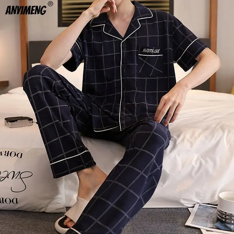 L-5XL Plus Size Luxury Mens Sleepwear Summer Short Sleeves Turn-down Collar Pajamas Set Gentleman Homewear Casual Cotton Pijamas