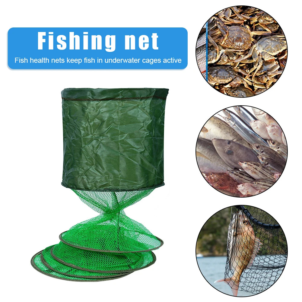 Portable Nylon Mesh Net Fish Storage Fishing Accessories Steel Ring Folding Fish Cage Fishing Trap Net Fish Basket Tackle