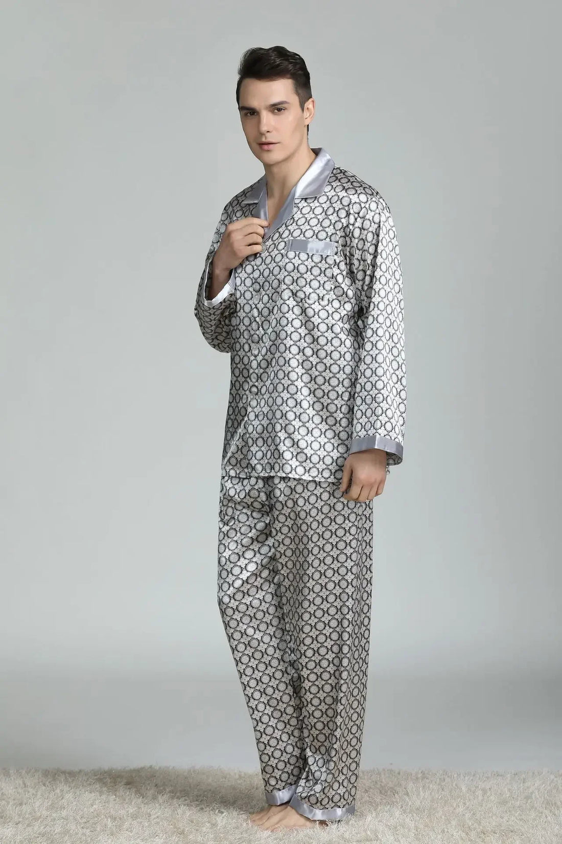 Silk Satin Pajamas for Men Sleepwear Cozy Soft Print Long Sleeve Nightgown Tops+ Trousers Two Pieces Mens Pajama Set