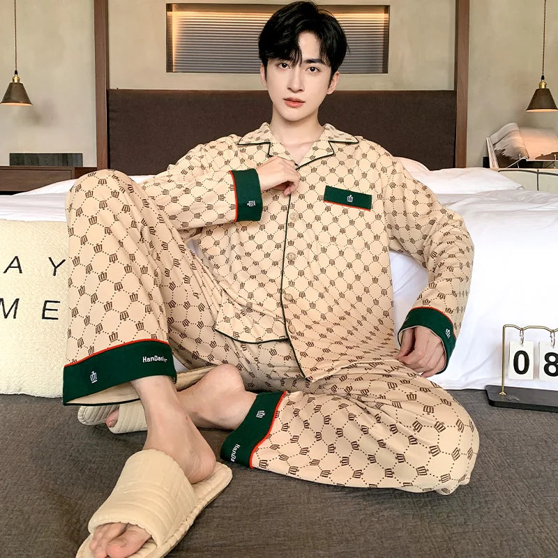 Black Luxurious Men Pajamas Set Autumn Winter Long Sleeves Long Pants Casual Sleepwear Soft Pyjamas Cozy Pijamas Adult Pjs Sleep