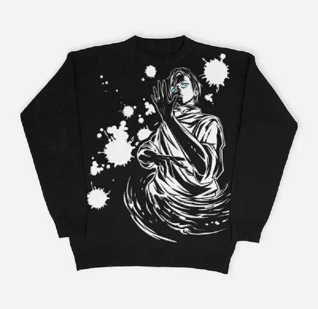 New Hip Hop Gothic Dark Anime Print Streetwear Knitted Sweater Men  Pullover Autumn Harajuku Sweater Women Oversized Sweate