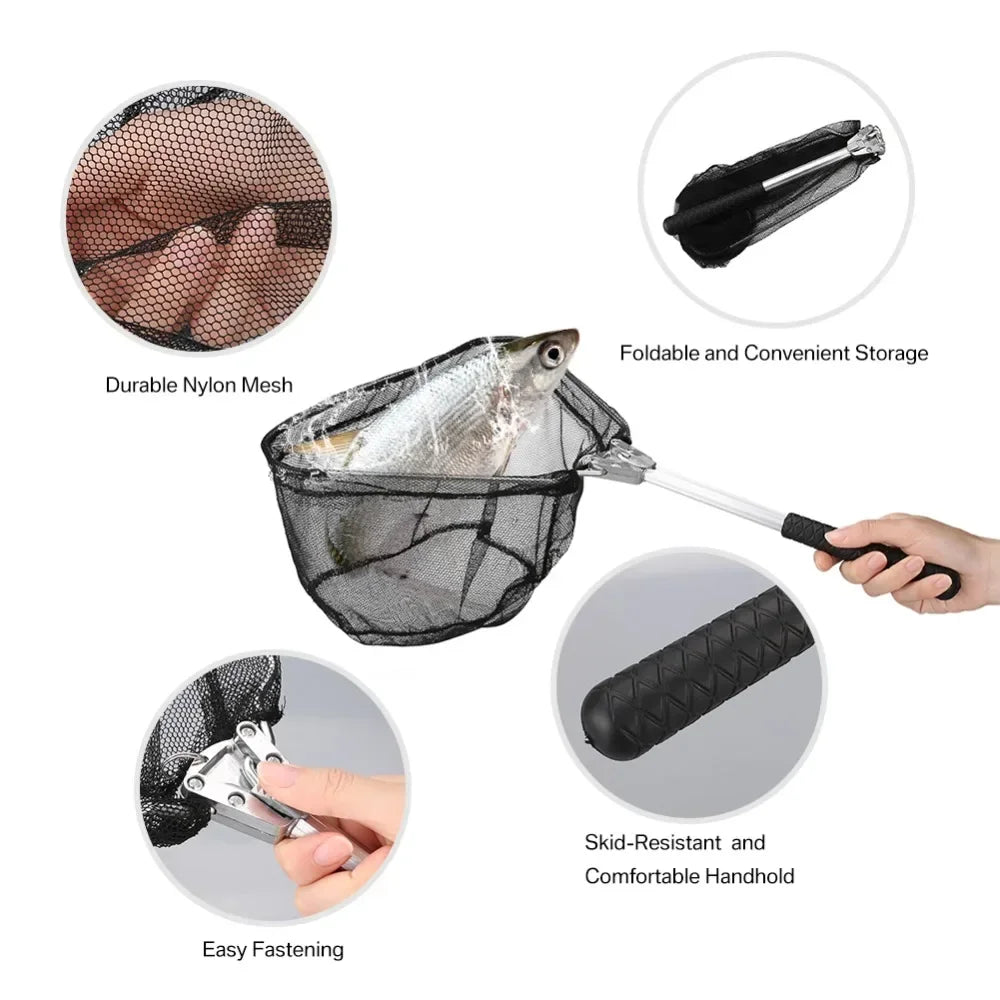 150/170cm Telescopic Landing Net Folding Fishing Pole Extending Fly Carp Course Sea Mesh Foldable Fishing Net for Fly Fishing