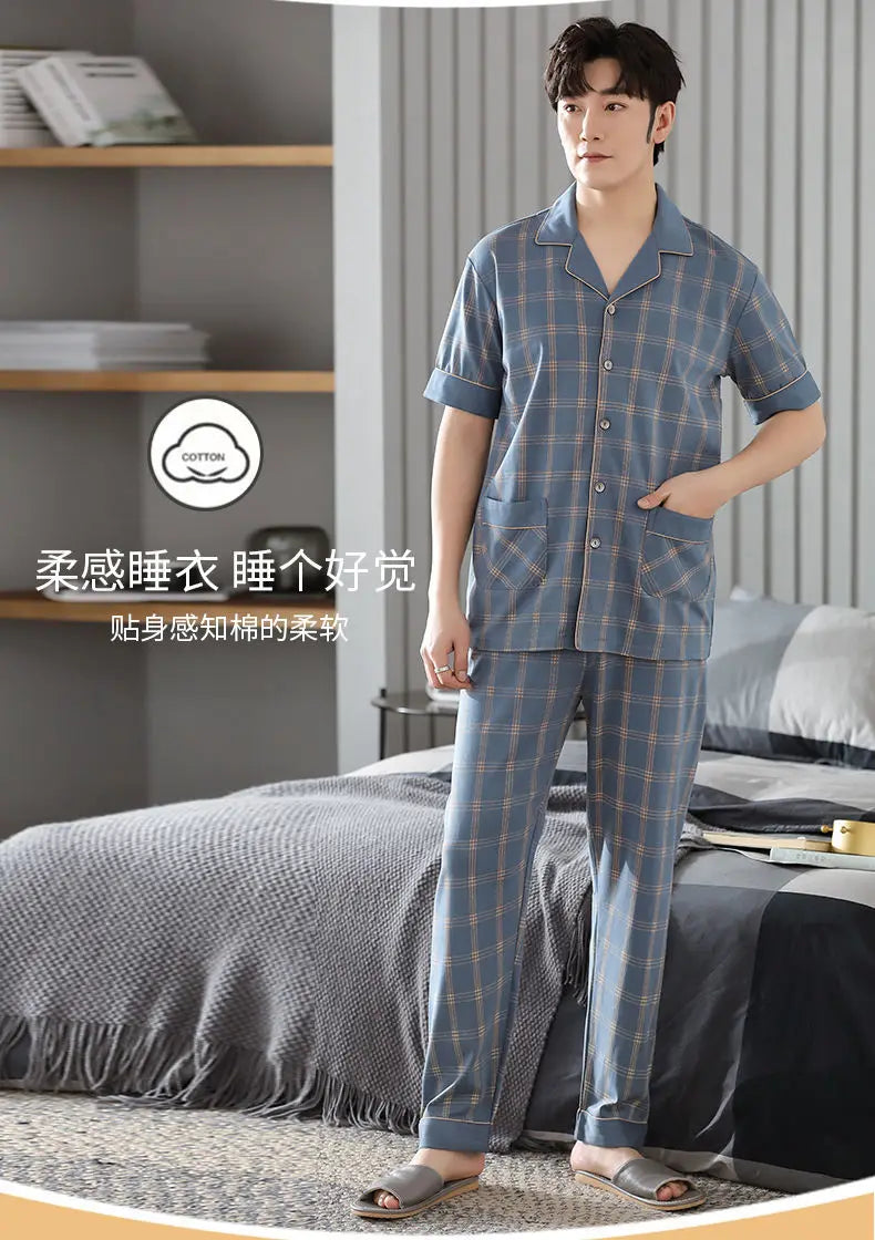 Big Size Cotton Sleepwear Men Short Sleeve Cardigan Trouser Pajama Sets Button Homewear Loungewear Sets Loose Korean Sportswear