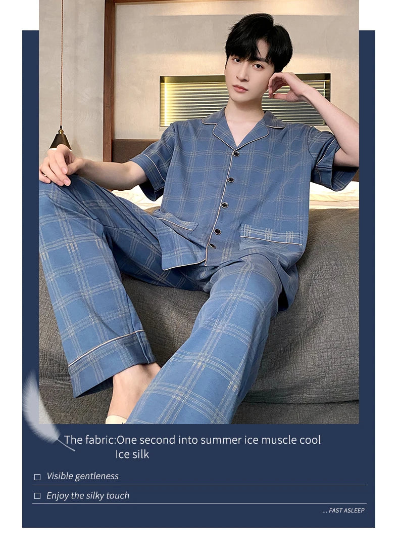 Summer Knitted Plaid Men's Pyjamas Plus 4XL Pajama Sets Casual Pjs Lounge Masculine Sleepwear Nightwear Pijamas Homewear Fashion