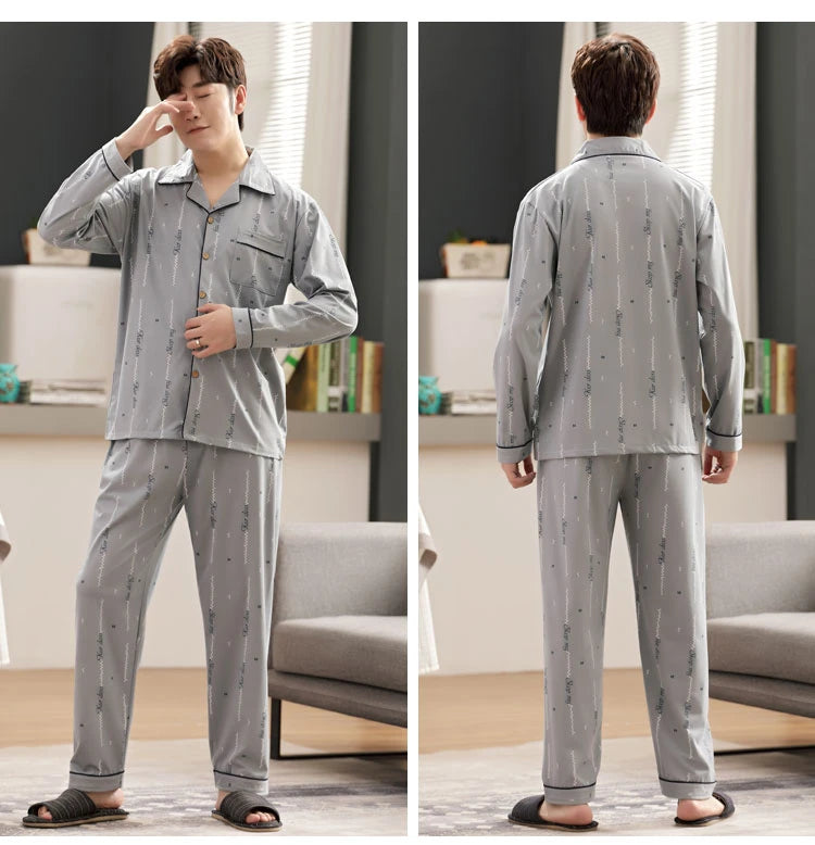 L-5XL Plus Size Faux Cotton Print Men's Pajamas Korean Ins Autumn Y2k Male Nightwear 2024 New Big Size Long Sleeve+pant Home Set