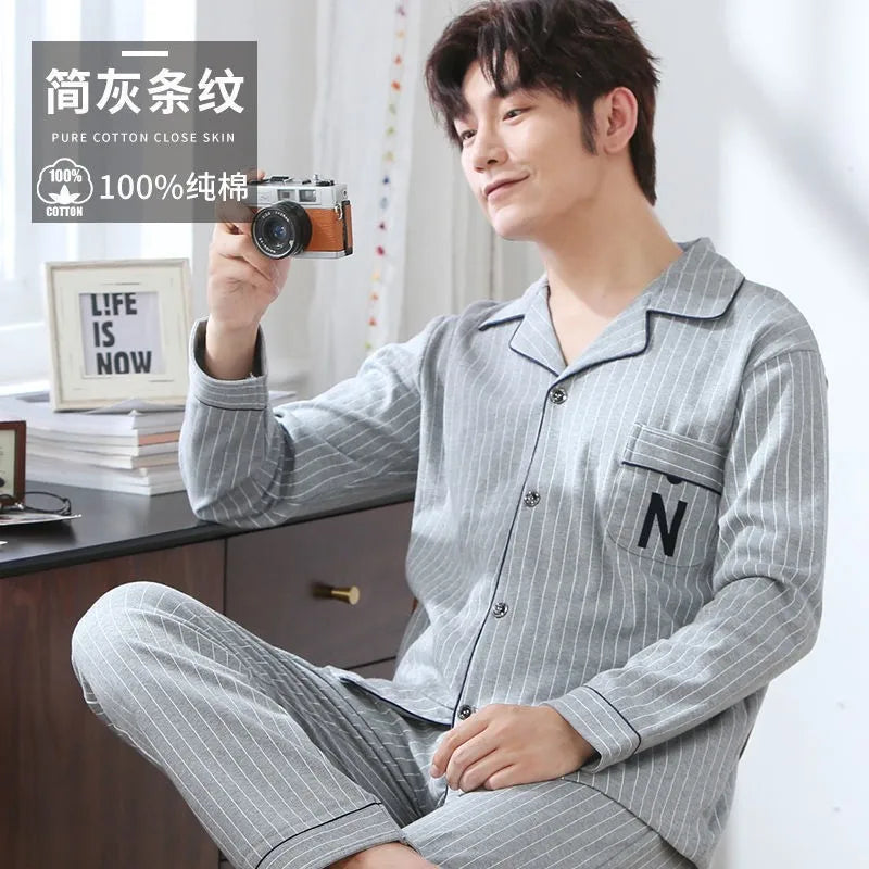 Fall 100% Cotton Pajamas Men's Comfortable Long-sleeved Plus Size Home Wear Suit Teenagers Leisure Outdoor Can Be Worn Outside