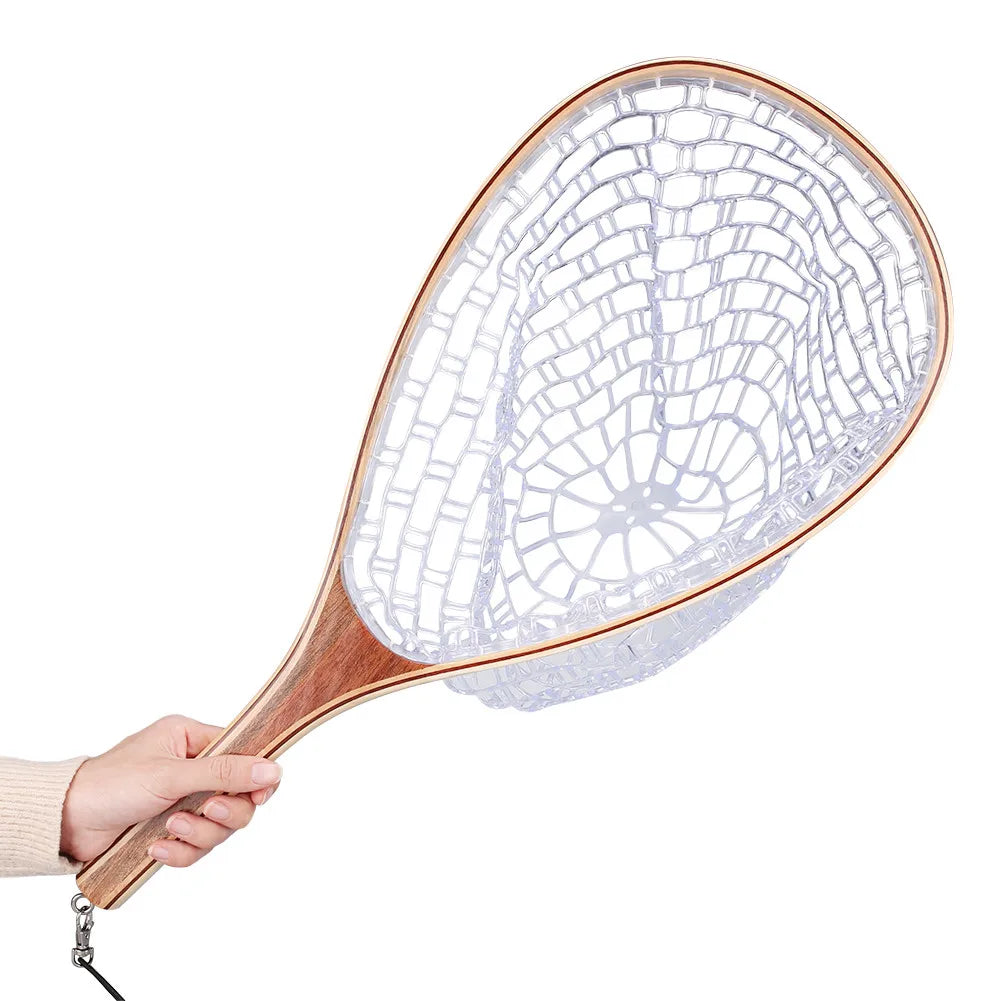 Fly Fishing Landing Nets Wooden Handle Transparent Rubber/Nylon Mesh Trout Mesh Fish Catch Release Stream River Fishing Tool