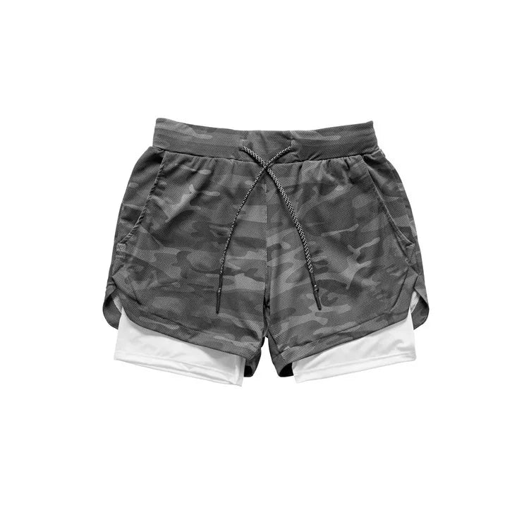 Men's 2 in 1 Running Shorts Male Camo Workout Shorts Training Yoga Gym Sportswear Pants Sport Short Pants with Phone Pockets