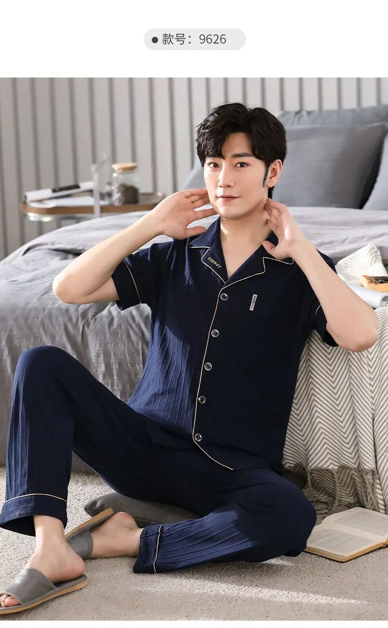 Big Size Cotton Sleepwear Men Short Sleeve Cardigan Trouser Pajama Sets Button Homewear Loungewear Sets Loose Korean Sportswear