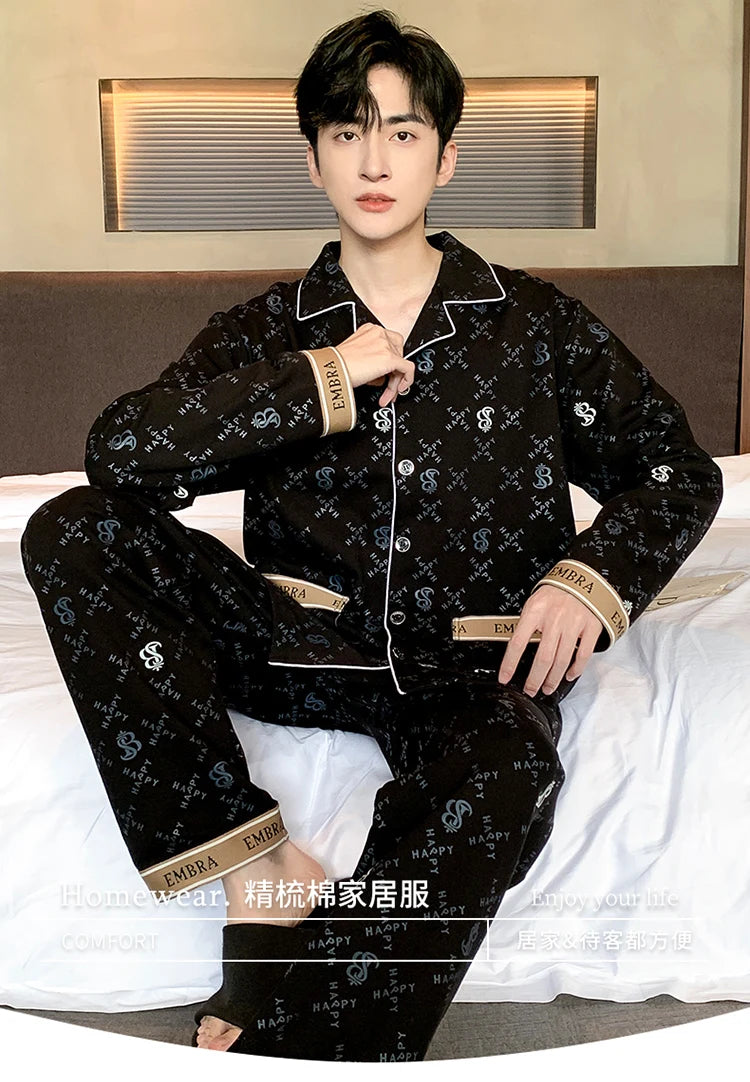 Black Luxurious Men Pajamas Set Autumn Winter Long Sleeves Long Pants Casual Sleepwear Soft Pyjamas Cozy Pijamas Adult Pjs Sleep