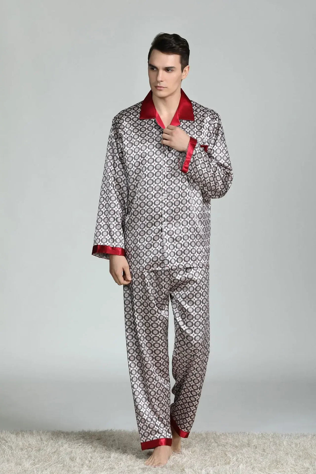 Silk Satin Pajamas for Men Sleepwear Cozy Soft Print Long Sleeve Nightgown Tops+ Trousers Two Pieces Mens Pajama Set