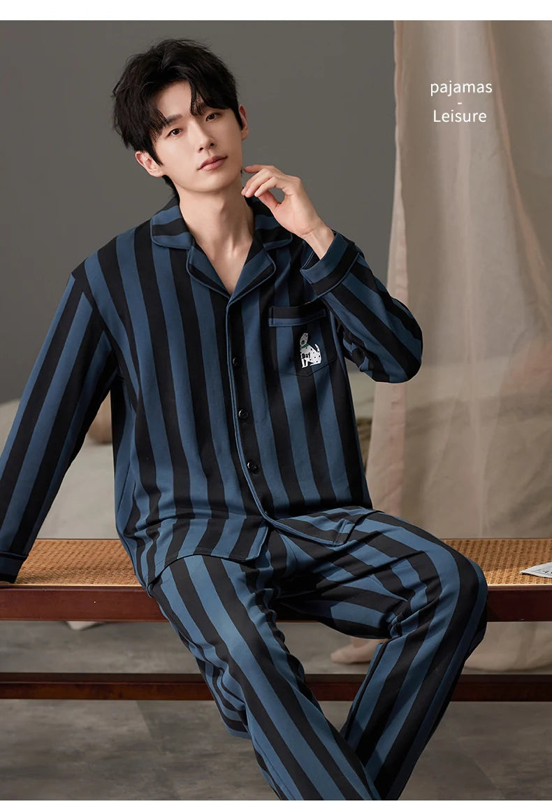 SUKAE Casual Mens Pijama Faux Cotton Soft Nightwear Autumn Spring Homesuit Gentleman Turn-down Collar Sleepwear Boys Pajamas