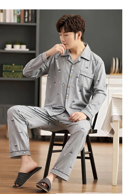 L-5XL Plus Size Faux Cotton Print Men's Pajamas Korean Ins Autumn Y2k Male Nightwear 2024 New Big Size Long Sleeve+pant Home Set