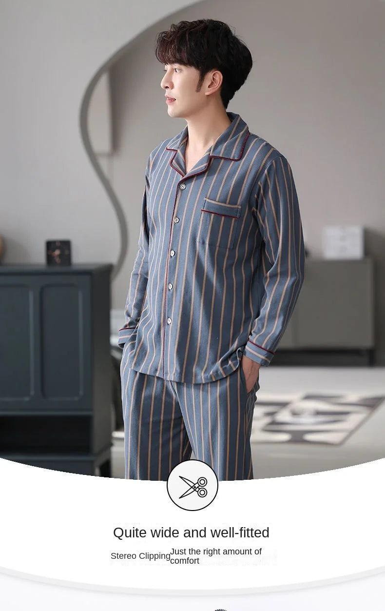 100% Cotton Men's Fall and Winter Long-Sleeved Long Pants Middle-Aged Thin Section of Pajamas Sleepwear Homewear Suit Loungewear