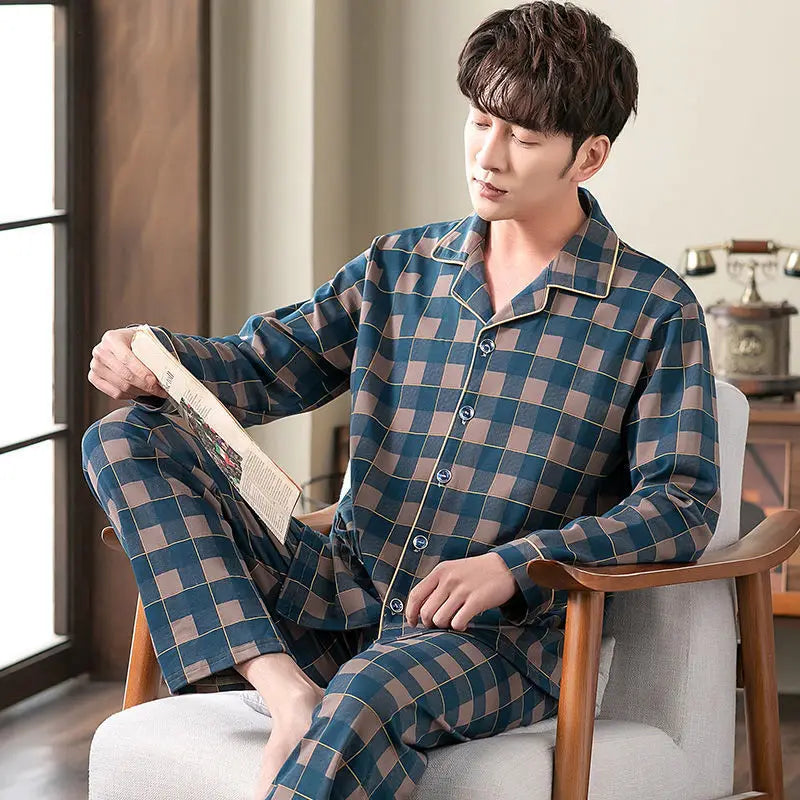 100% Cotton Men's Fall and Winter Long-Sleeved Long Pants Middle-Aged Thin Section of Pajamas Sleepwear Homewear Suit Loungewear