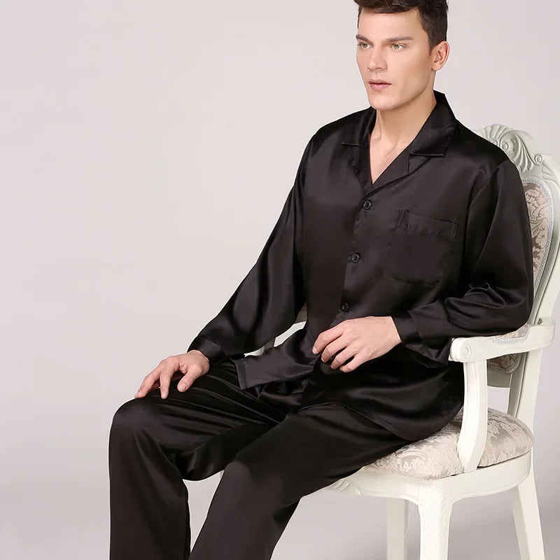 Silk Satin Pajamas for Men Sleepwear Cozy Soft Print Long Sleeve Nightgown Tops+ Trousers Two Pieces Mens Pajama Set