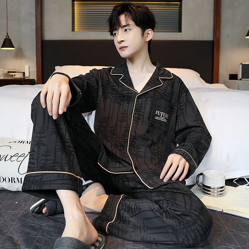 SUKAE Casual Mens Pijama Faux Cotton Soft Nightwear Autumn Spring Homesuit Gentleman Turn-down Collar Sleepwear Boys Pajamas