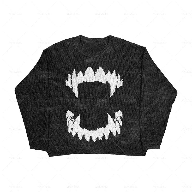 New Hip Hop Streetwear Knitted Sweater men Gothic portrait Print Pullover autumn Harajuku Cotton sweater women Oversized Sweater