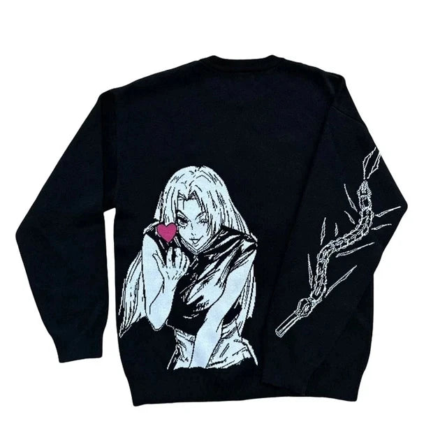 Women's Knitting Gothic Anime Print Pattern O Neck Pullover Sweater Streetwear Girls Oversized Harajuku Knitwear Men's Y2k