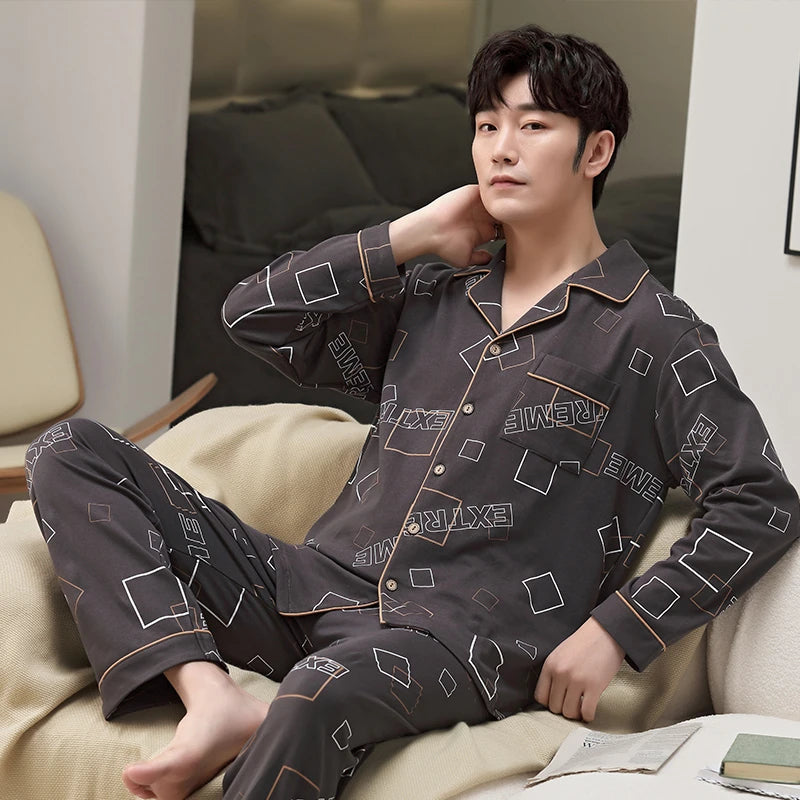 L-5XL Plus Size Faux Cotton Print Men's Pajamas Korean Ins Autumn Y2k Male Nightwear 2024 New Big Size Long Sleeve+pant Home Set