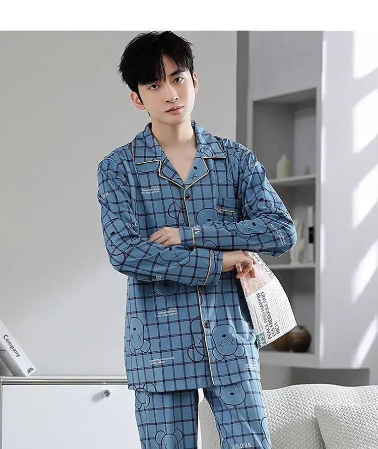 Fall 100% Cotton Pajamas Men's Comfortable Long-sleeved Plus Size Home Wear Suit Teenagers Leisure Outdoor Can Be Worn Outside