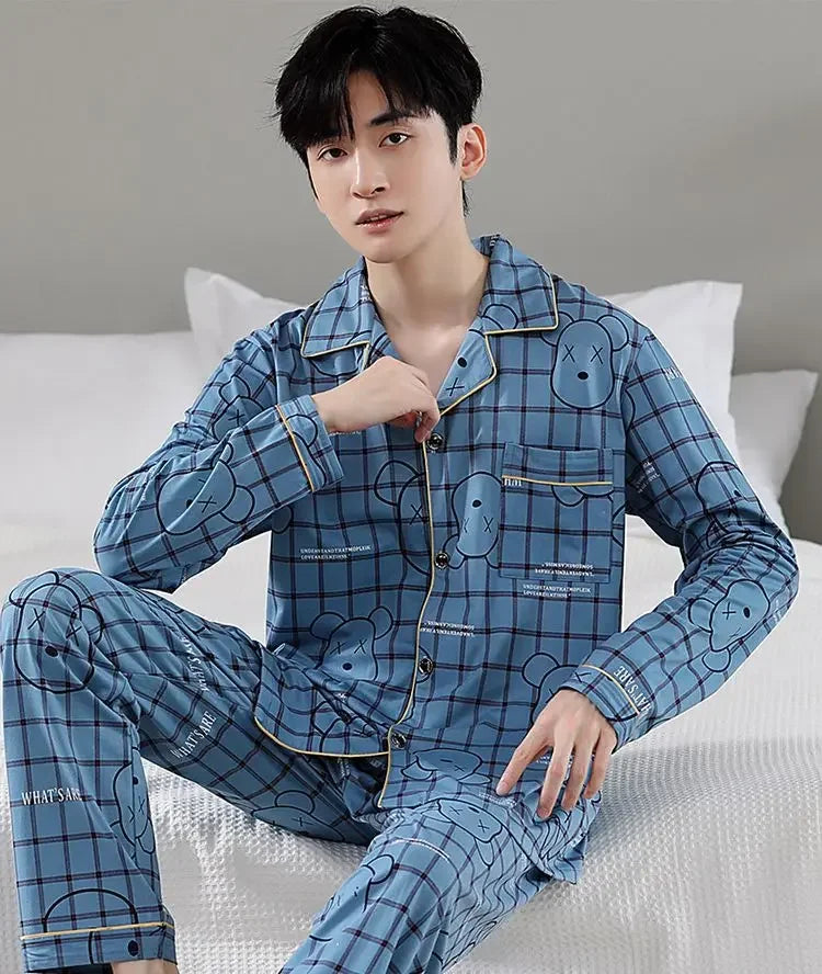 Fall 100% Cotton Pajamas Men's Comfortable Long-sleeved Plus Size Home Wear Suit Teenagers Leisure Outdoor Can Be Worn Outside