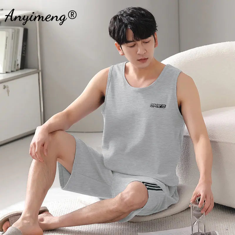 Plus Size 4XL 5XL 6XL 7XL Sleeveless Summer Pajamas Set Plain Men's Nightwear Knitted Cotton Homewear Vest Pijamas for Men