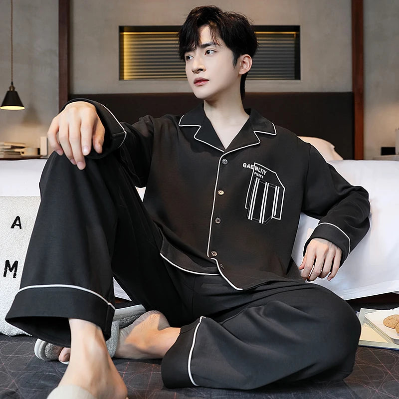 SUKAE Casual Mens Pijama Faux Cotton Soft Nightwear Autumn Spring Homesuit Gentleman Turn-down Collar Sleepwear Boys Pajamas