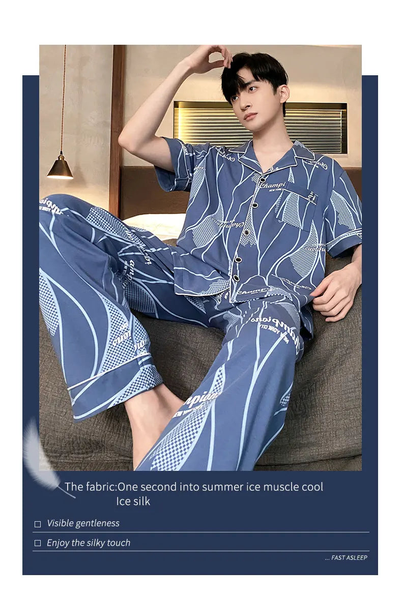 Summer Knitted Plaid Men's Pyjamas Plus 4XL Pajama Sets Casual Pjs Lounge Masculine Sleepwear Nightwear Pijamas Homewear Fashion