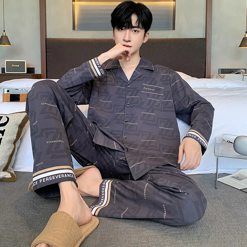 Black Luxurious Men Pajamas Set Autumn Winter Long Sleeves Long Pants Casual Sleepwear Soft Pyjamas Cozy Pijamas Adult Pjs Sleep