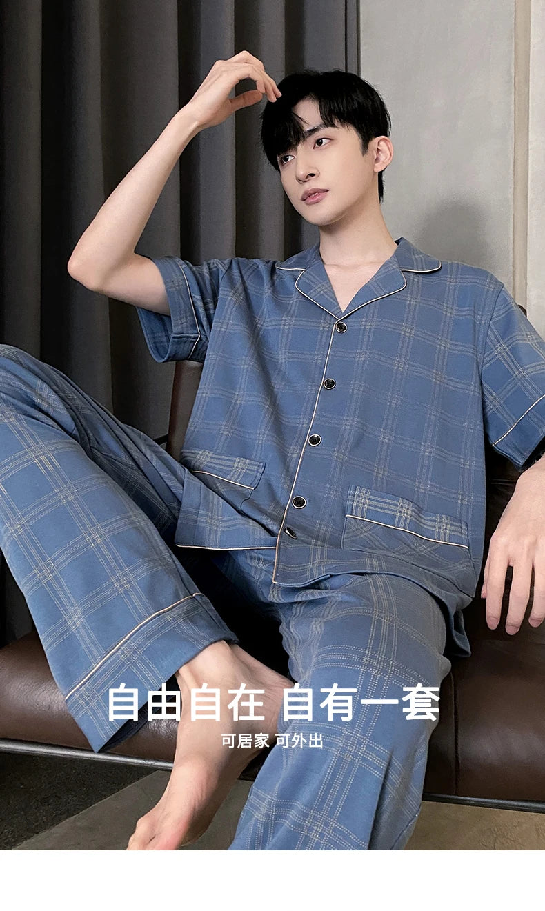 Summer Knitted Plaid Men's Pyjamas Plus 4XL Pajama Sets Casual Pjs Lounge Masculine Sleepwear Nightwear Pijamas Homewear Fashion