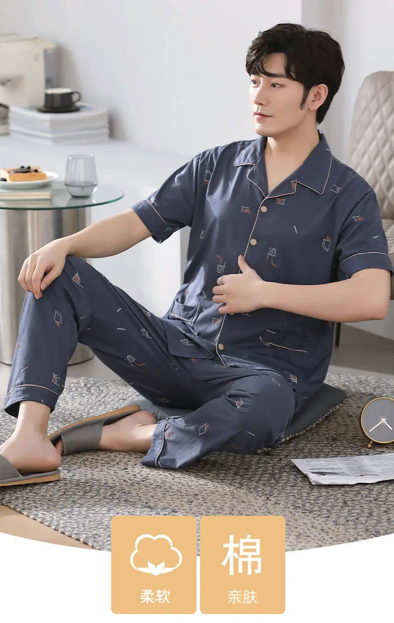 Big Size Cotton Sleepwear Men Short Sleeve Cardigan Trouser Pajama Sets Button Homewear Loungewear Sets Loose Korean Sportswear