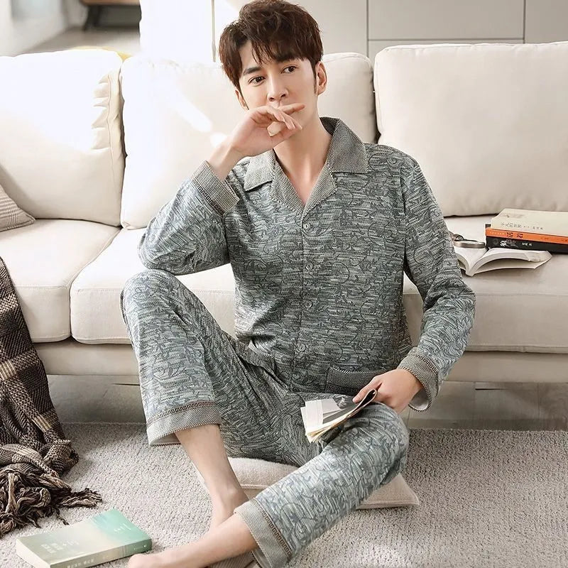 Fall 100% Cotton Pajamas Men's Comfortable Long-sleeved Plus Size Home Wear Suit Teenagers Leisure Outdoor Can Be Worn Outside