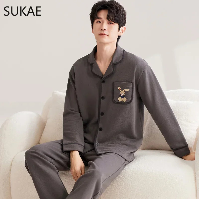 SUKAE Casual Mens Pijama Faux Cotton Soft Nightwear Autumn Spring Homesuit Gentleman Turn-down Collar Sleepwear Boys Pajamas