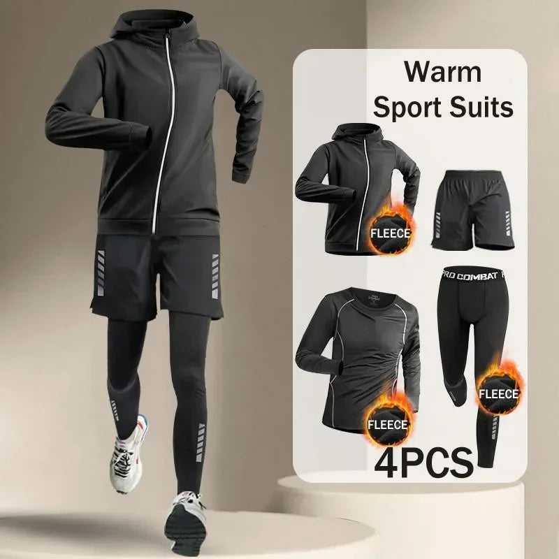 Korean Warm Sports Suit Men 2-4 PCS Running Set Jogging Basketball Underwear Tights Sportswear Gym Fitness Tracksuit Clothes