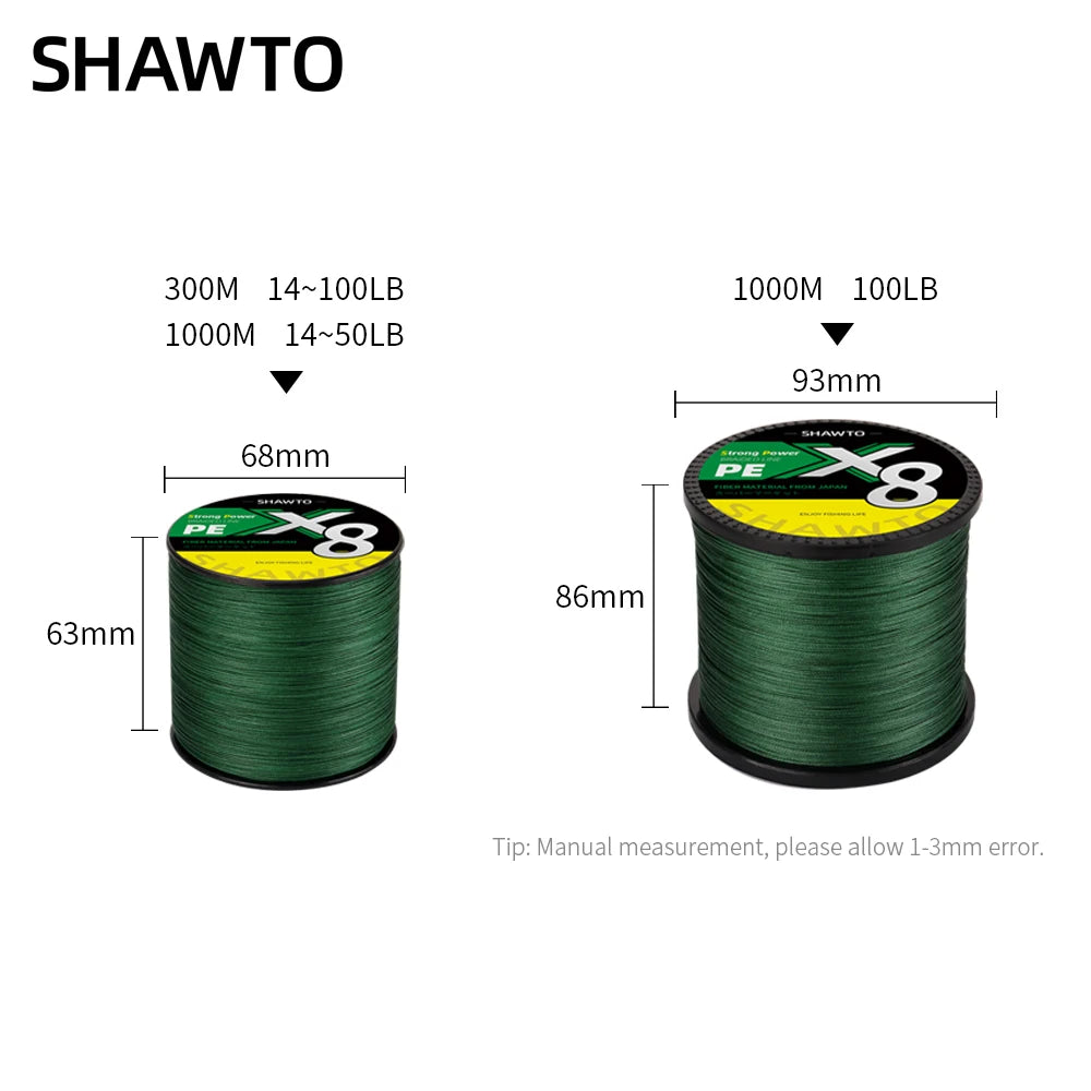 Shawto X8 Strong 300M 1000M 8 Strand Weaves PE Braided Fishing Line Multifilament Japan Wire 14-100LB Carp Fishing Accessories