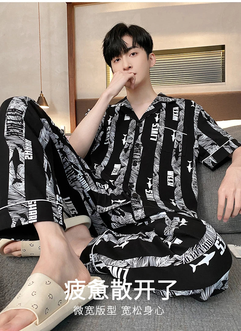 Summer Knitted Plaid Men's Pyjamas Plus 4XL Pajama Sets Casual Pjs Lounge Masculine Sleepwear Nightwear Pijamas Homewear Fashion